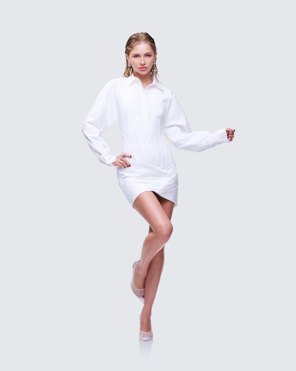Finesse Regan White Cinched Tucked Mini Dress