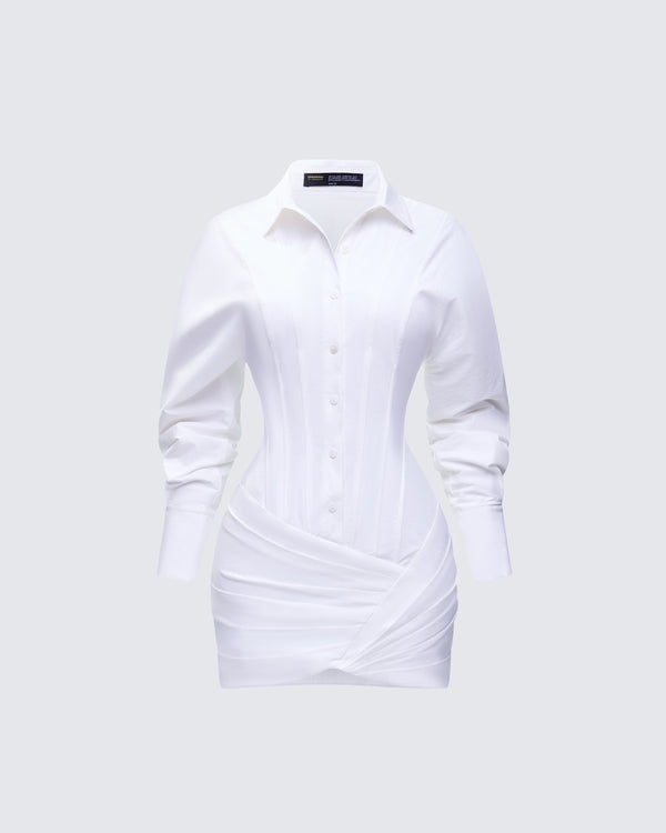 finesse Regan White Cinched Tucked Mini Dress