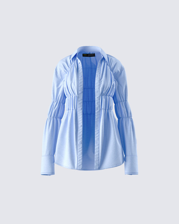finesse Reina Blue Poplin Ruched Shirt