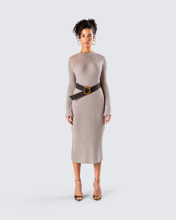 Finesse Rejina Taupe Wide Rib Midi Dress