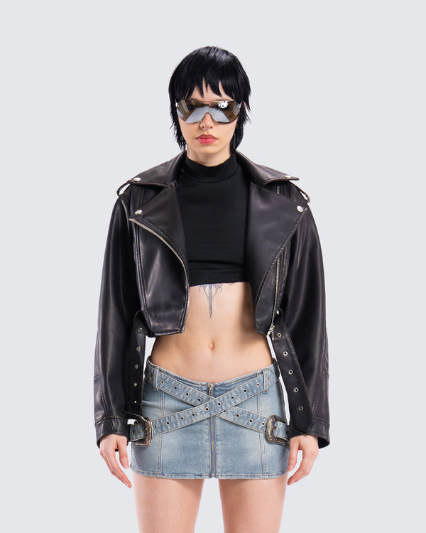 Finesse Robyn Vintage Black Cropped Moto Jacket