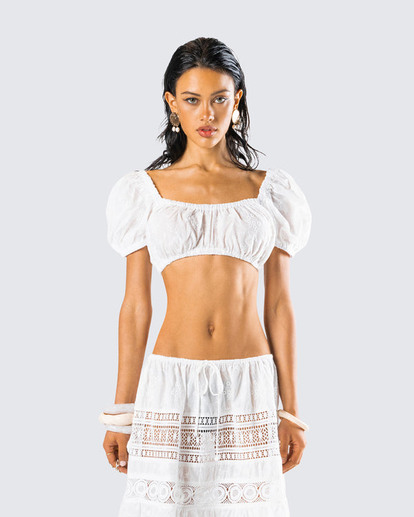 Finesse Rue White Cotton Floral Crop Top