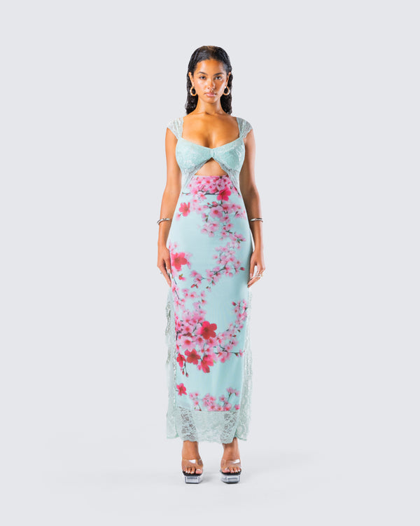 Finesse Ryliana Green Floral Mesh Maxi Dress