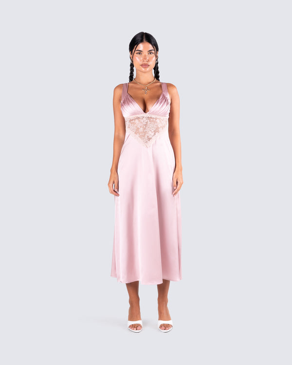 Finesse Saba Pink Satin Lace Midi Dress