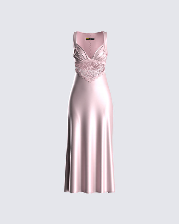 finesse Saba Pink Satin Lace Midi Dress