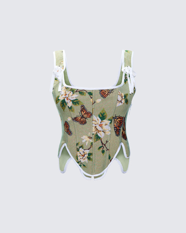 finesse Samara Green Floral Jacquard Corset Top