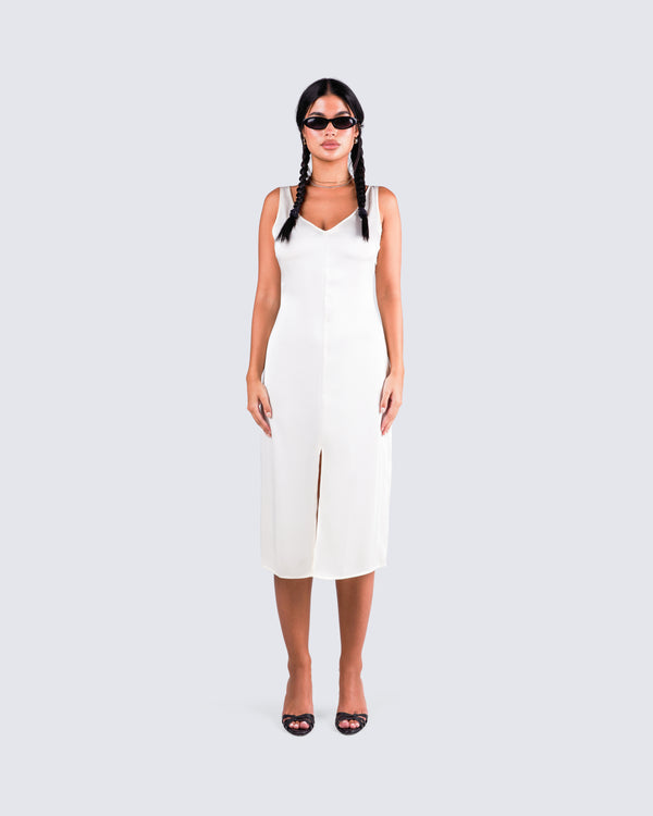 Finesse Saskia White Satin Slit Midi Dress