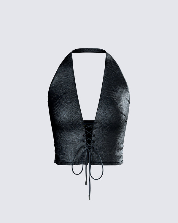 finesse Selena Black Embossed Lace Up Top