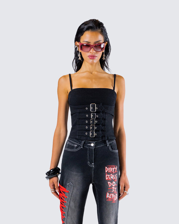 Finesse Serenity Black Denim Buckle Top