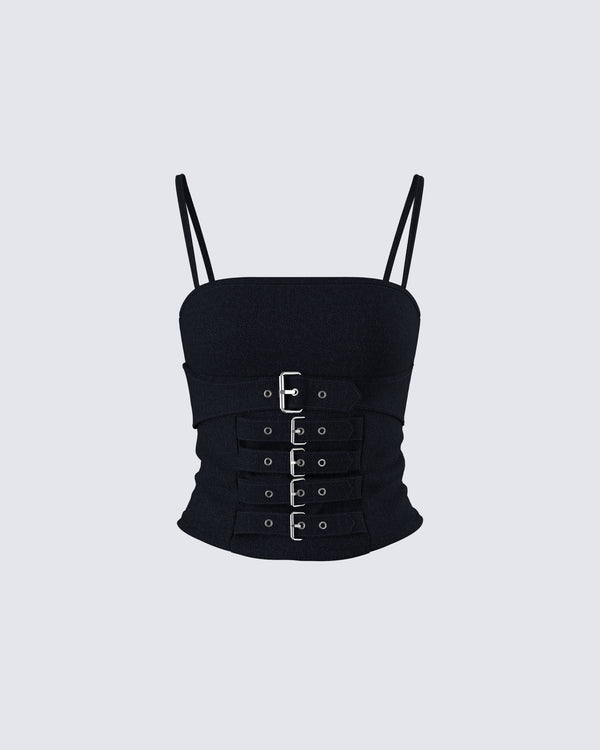 finesse Serenity Black Denim Buckle Top