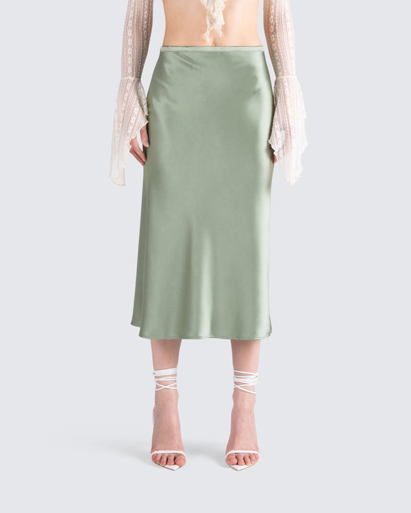 Finesse Shae Green Satin Midi Skirt