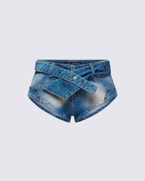 finesse Sol Blue Belted Mini Denim Short