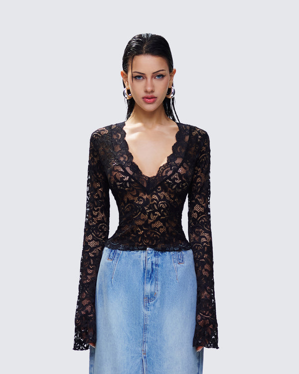 Finesse Suki Black Lace Long Sleeve Top