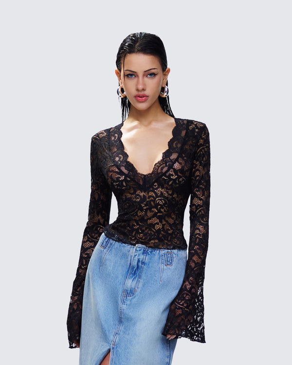 Finesse Suki Black Lace Long Sleeve Top
