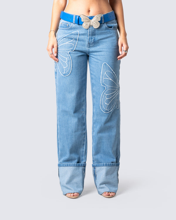 Finesse Suzie Blue Butterfly Denim Pant
