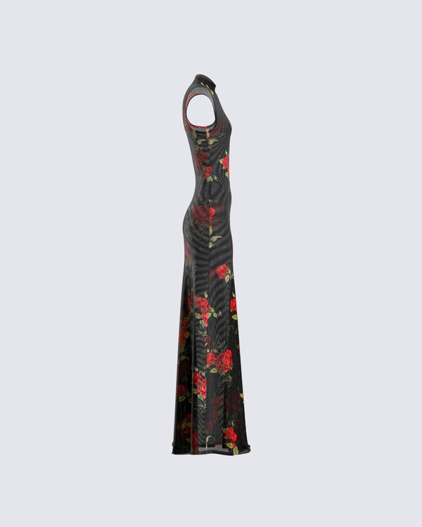 Finesse Tata Rose Print Mesh Maxi Dress