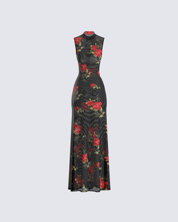 Finesse Tata Rose Print Mesh Maxi Dress