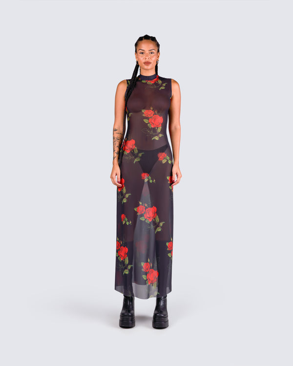 Finesse Tata Rose Print Mesh Maxi Dress