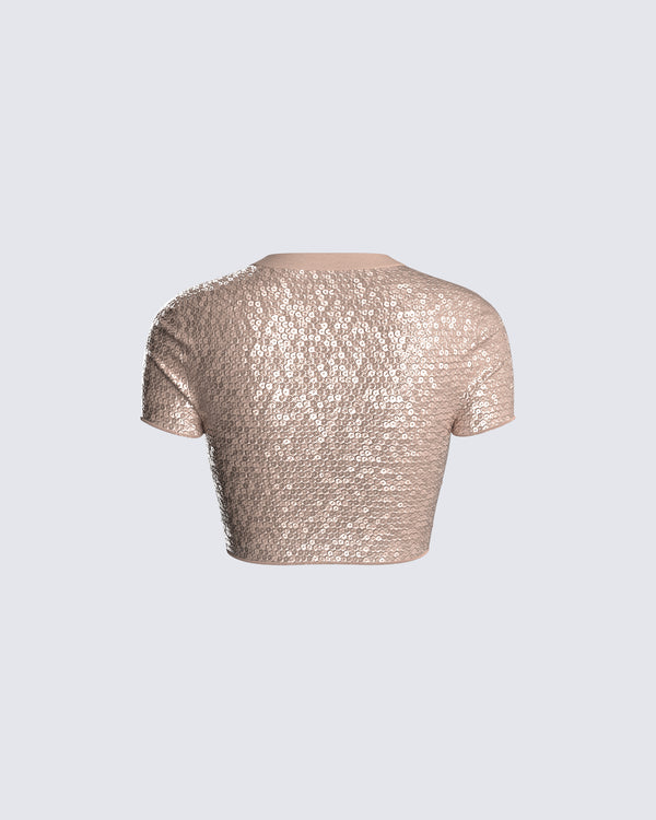 Finesse Tatiana Beige Sequin Cropped Top