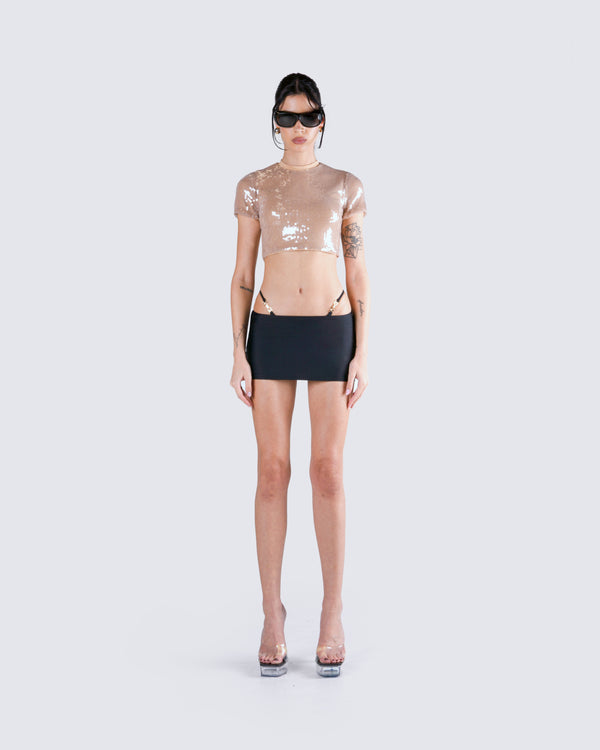 Finesse Tatiana Beige Sequin Cropped Top