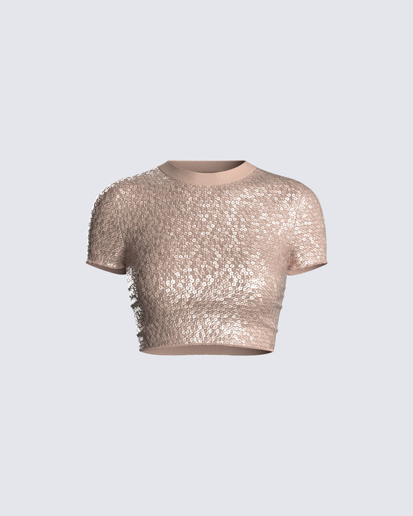 finesse Tatiana Beige Sequin Cropped Top