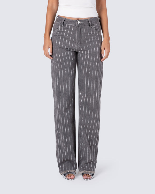 Finesse Taya Rhinestone Grey Jeans