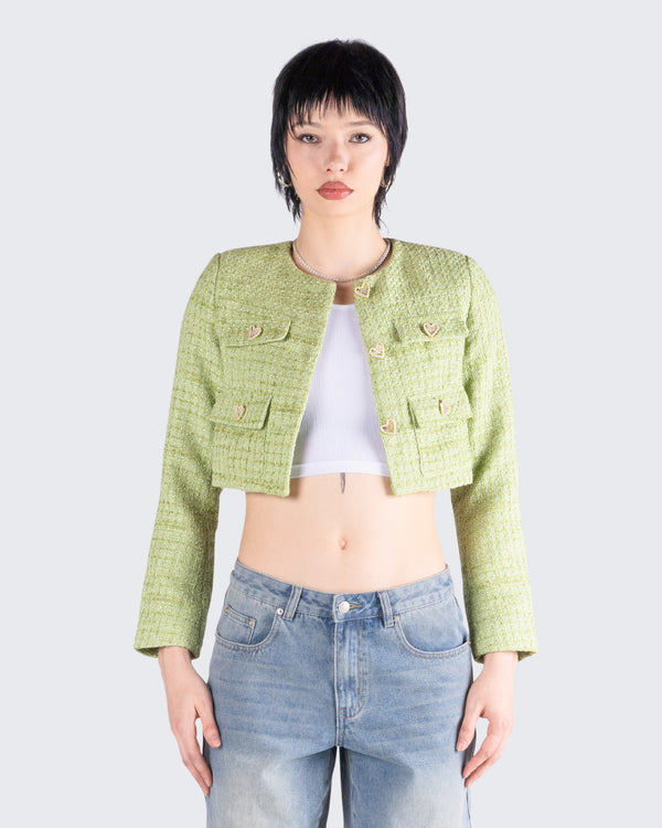 Finesse Tess Green Tweed Crop Jacket