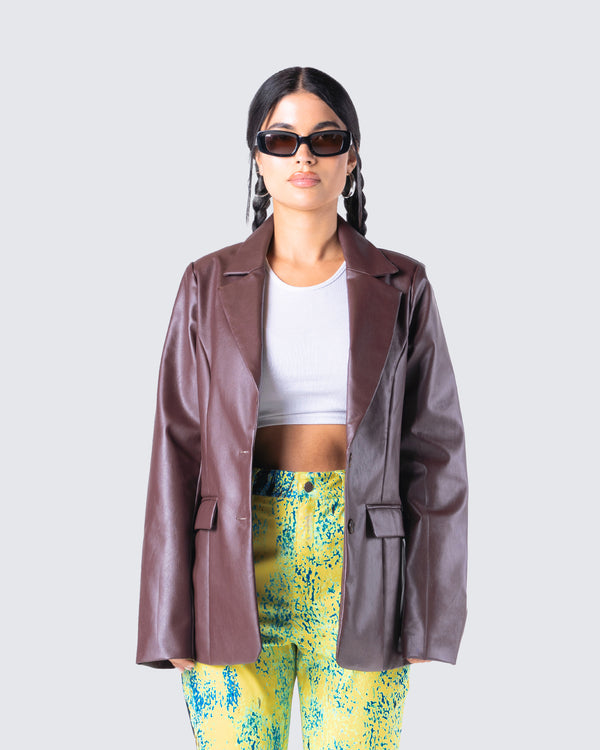 Finesse Thea Brown Vegan Leather Blazer