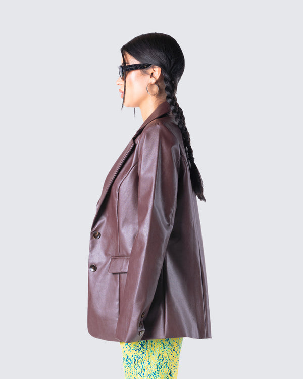 Finesse Thea Brown Vegan Leather Blazer