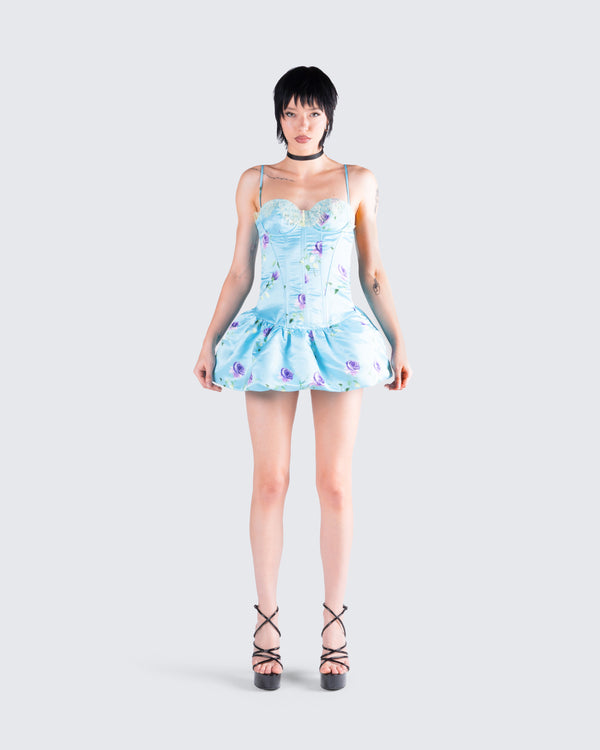 Finesse Tif Blue Satin Floral Bubble Dress