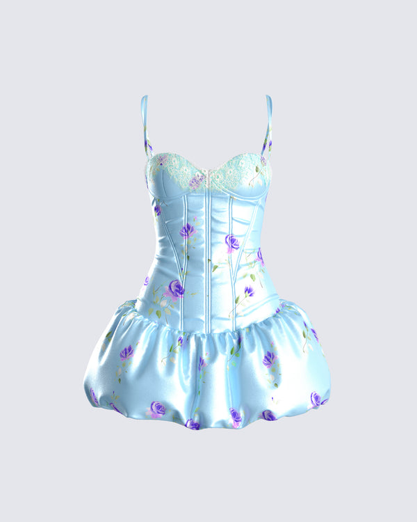 finesse Tif Blue Satin Floral Bubble Dress