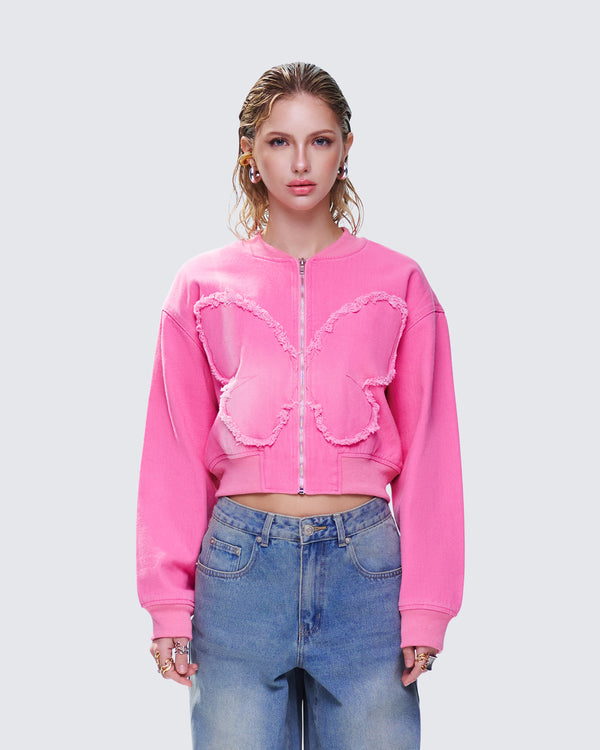 Finesse Uzma Pink Denim Cropped Bomber Jacket