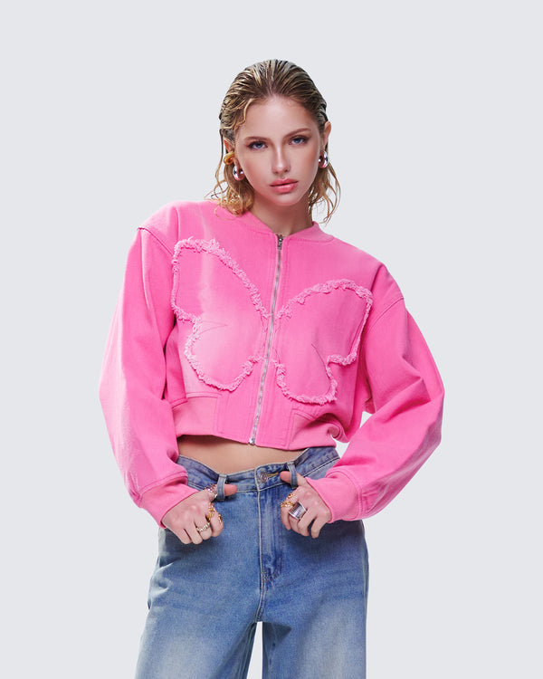 Finesse Uzma Pink Denim Cropped Bomber Jacket