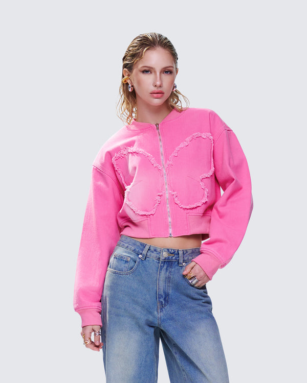 Finesse Uzma Pink Denim Cropped Bomber Jacket