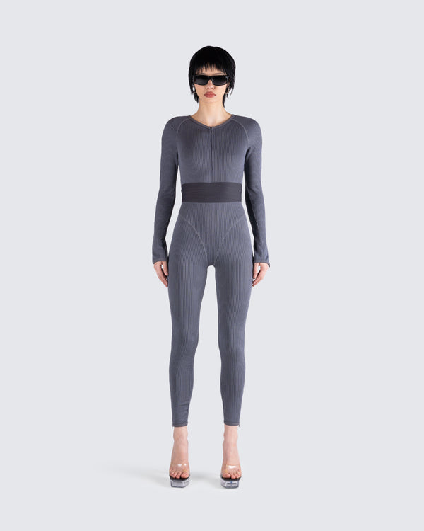 Finesse Vilma Grey Rib Zip Jumpsuit