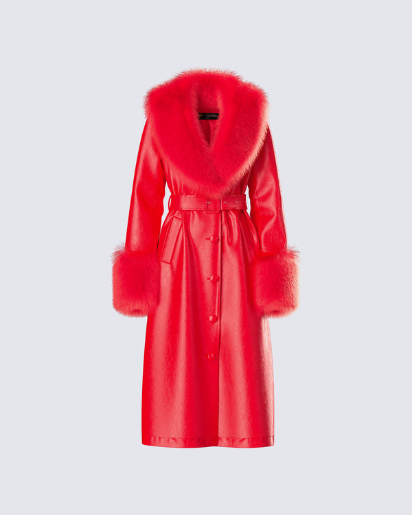 finesse Willa Red Vegan Fur Leather Coat