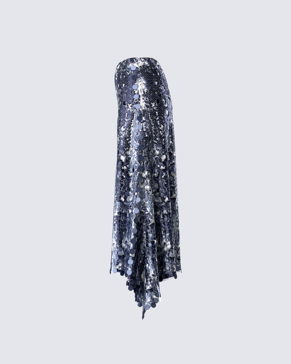 Finesse Wyn Metallic Silver Sequin Maxi Skirt