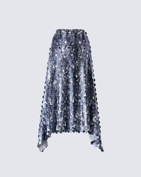 Finesse Wyn Metallic Silver Sequin Maxi Skirt