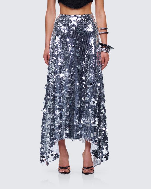 Finesse Wyn Metallic Silver Sequin Maxi Skirt