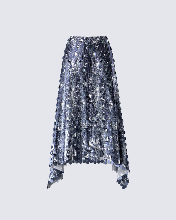 finesse Wyn Metallic Silver Sequin Maxi Skirt