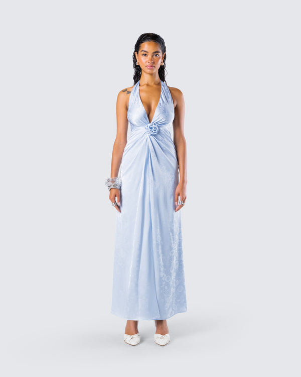 Finesse Xylah Baby Blue Rosette Maxi Dress