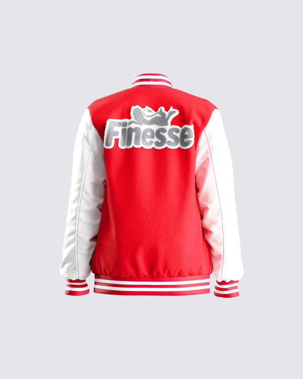 Finesse Yai Red Varsity Logo Patch Jacket