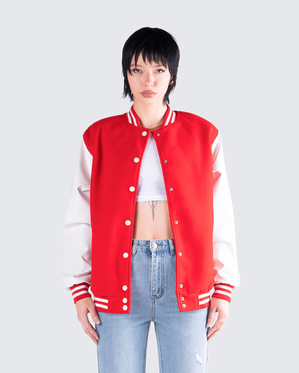 Finesse Yai Red Varsity Logo Patch Jacket