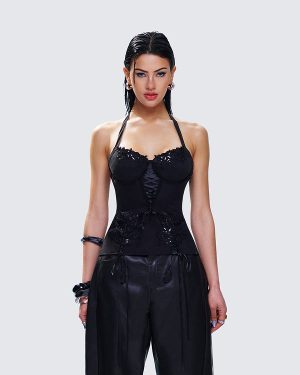 Finesse Yelina Black Halter Lace Up Top