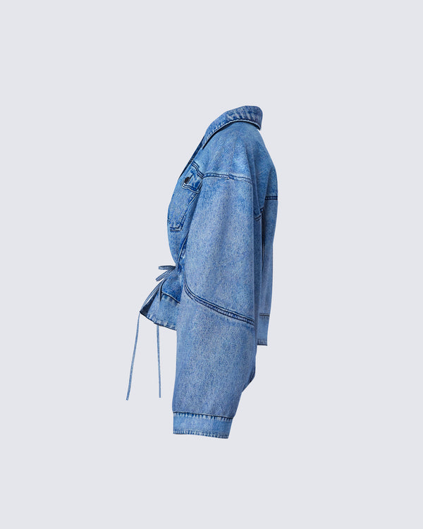 Finesse Yui Blue Denim Oversized Cropped Jacket