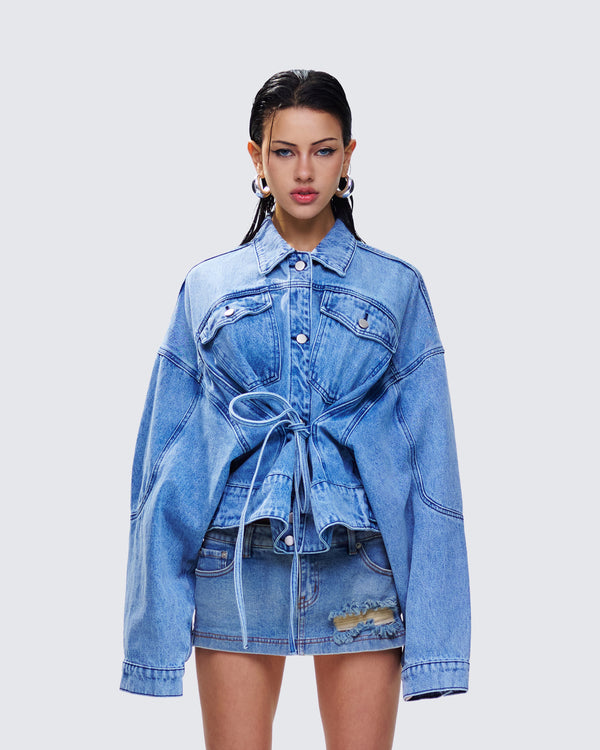 Finesse Yui Blue Denim Oversized Cropped Jacket