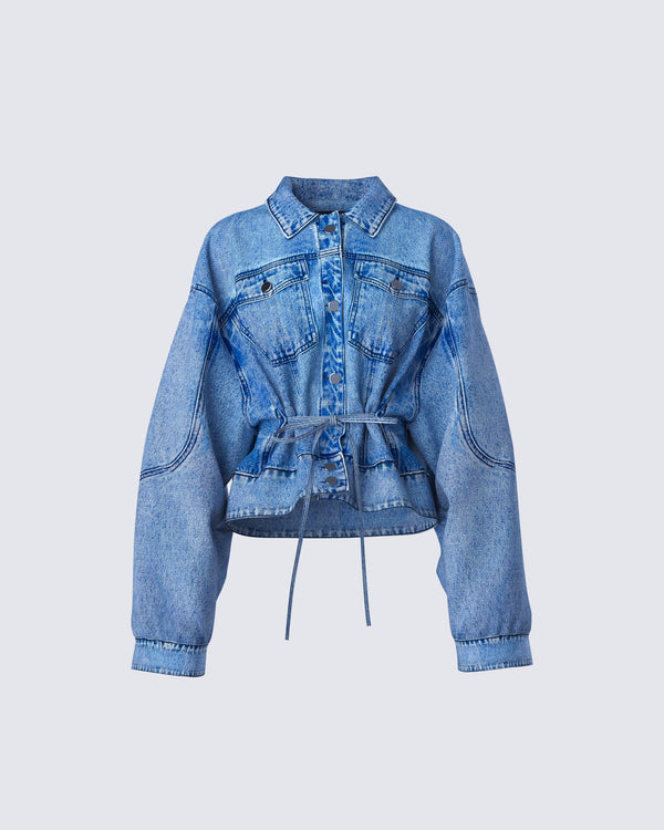 finesse Yui Blue Denim Oversized Cropped Jacket