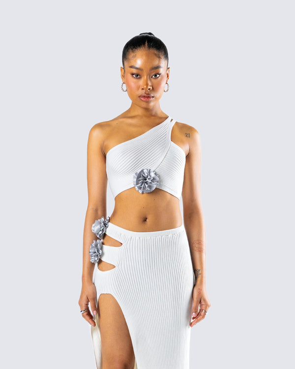 Finesse Yuka White Rosette Knit Crop Top