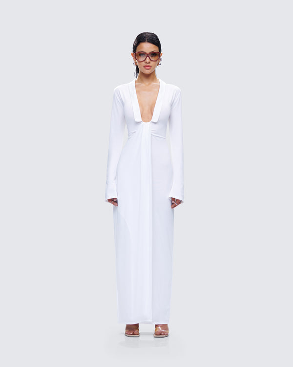 Finesse Zaida White Plunge Maxi Dress
