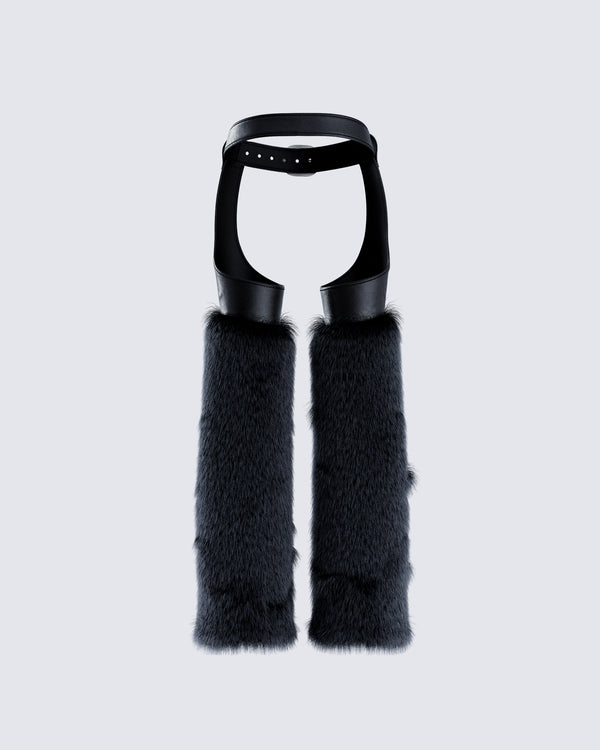Finesse Zaria Black Vegan Leather Fur Trim Chaps